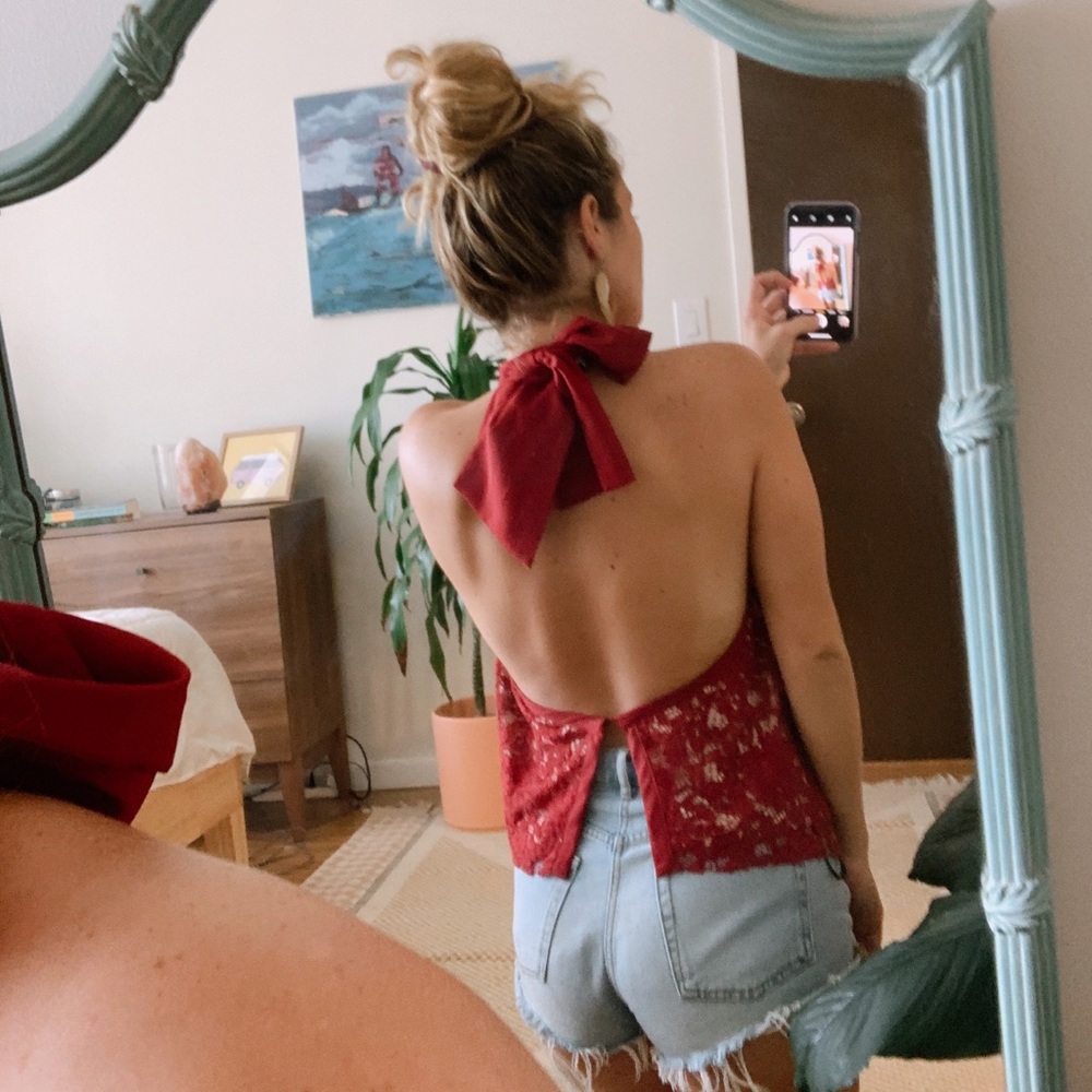 BEBE Deep Red Lace Halter Top Completely BACKLESS